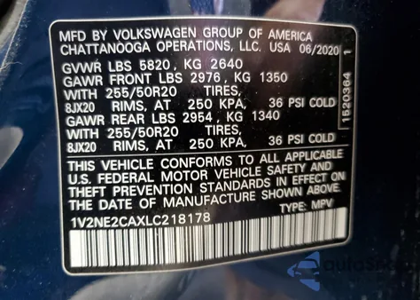 2020 Volkswagen Atlas Cross Sport Sel Premium from USA, damaged, VIN 1V2NE2CAXLC218178